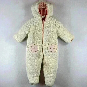 Jessica Simpson Baby Snowsuit Sz 6-9 Months Cream and Pink Fleece Lining Zipper